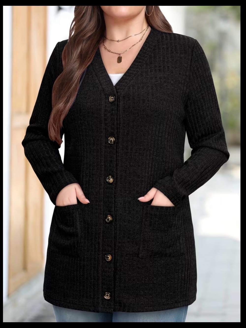 Black Ribbed Button-Front Women’s Lightweight Cardigan Sweater NEW 2X 1X
